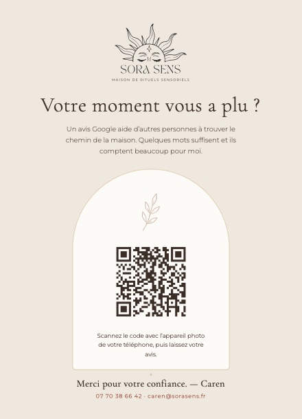 Flyer remis en fin de soin, avec le QR code qui mène à l’avis Google