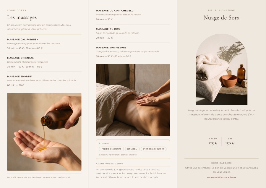 Dépliant trois volets, intérieur : la carte des massages, les tarifs et le rituel Nuage de Sora